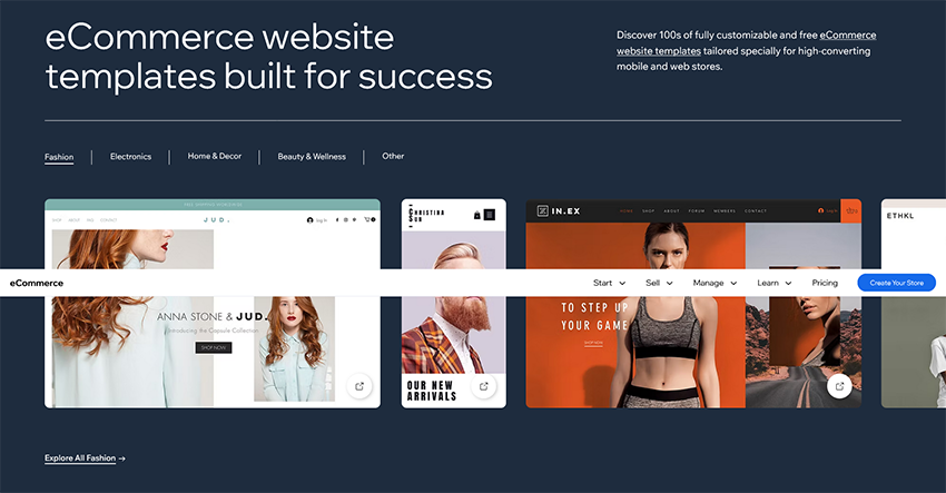 screen grab of wix website builder for e-commerce