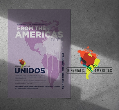Poster for Biennial of the Americas Film on a concrete wall.
